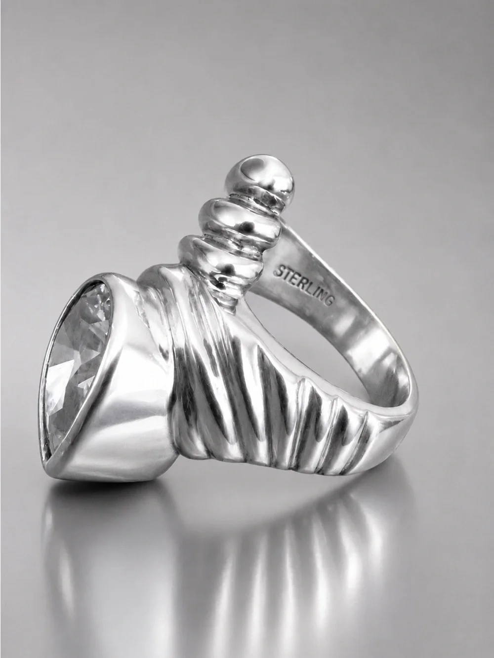 Estate Sterling Silver Ring Modernistic Design CZ Stone 10.7 Grams Pear Cut